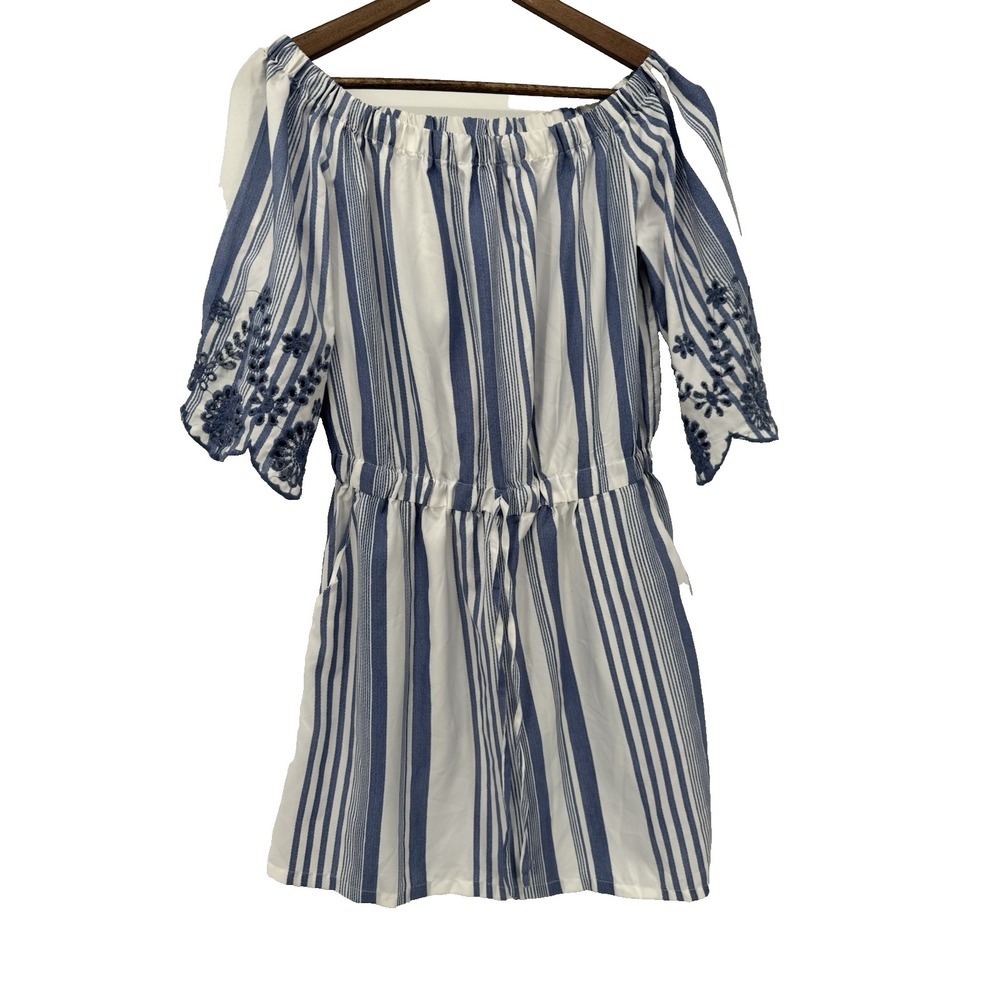 Style House Dress L‎ White Blue Stripe Floral Embroidered Boat Neck tie waist